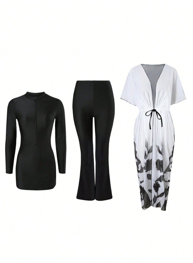 Fianser Burkini Swimwear 3-Piece Swimsuits Set Long Sleeve Chiffon cover-up Dress Style Full Cover Beachwear Modest Fashion Conservative Islamic Muslim Classic Arabic Clothing Sun UV Protection Diving Suit Surfing Suit Quick Dry Swimming Costume Zipper Flared-Leg Long Pants - Image 3